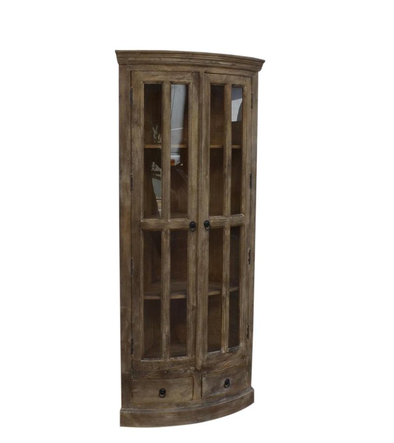 SOLID WOOD & GLASS CORNER CABINET W/ 2 DRAWERS
