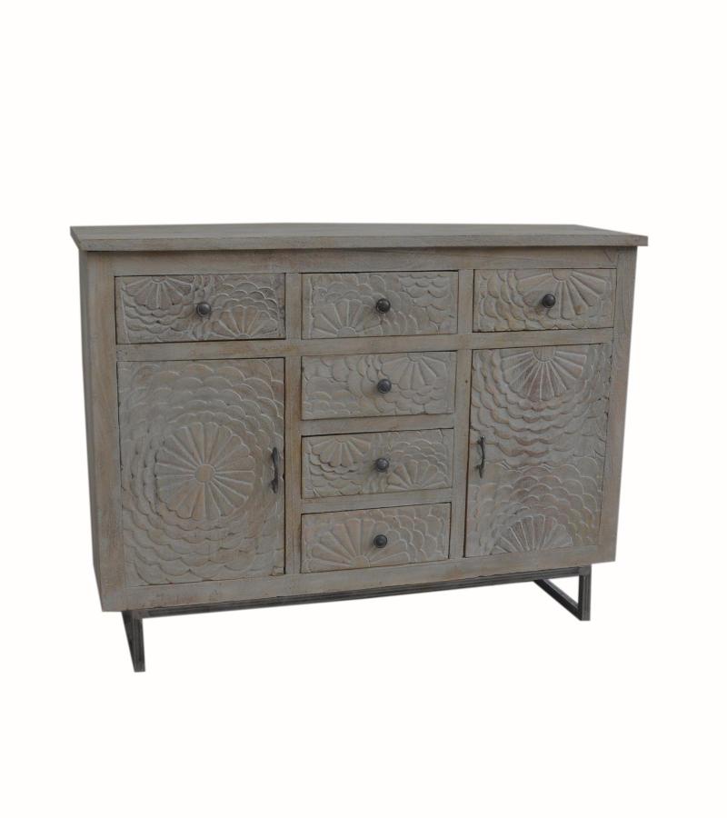 HAND CARVED SOLID WOOD 6 DRAWER & 2 DOOR SIDEBOARD