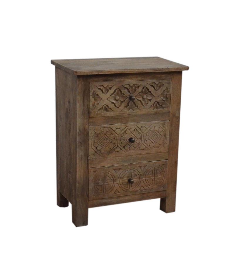 SOLID HAND CARVED WOOD NIGHTSTAND / END TABLE 3 DRAWERS