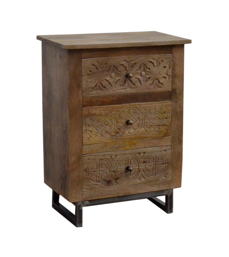 SOLID WOOD HAND CARVED 3 DRAWER END TABLE / NIGHTSTAND