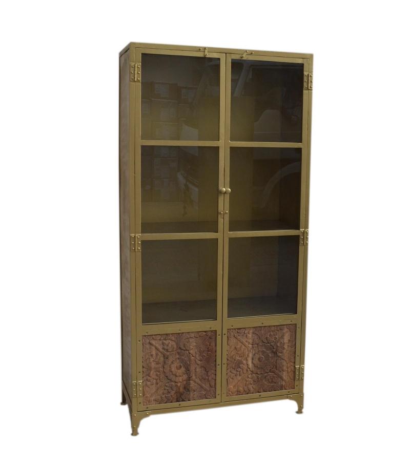 SOLID CARVED WOOD, IRON & GLASS CABINET