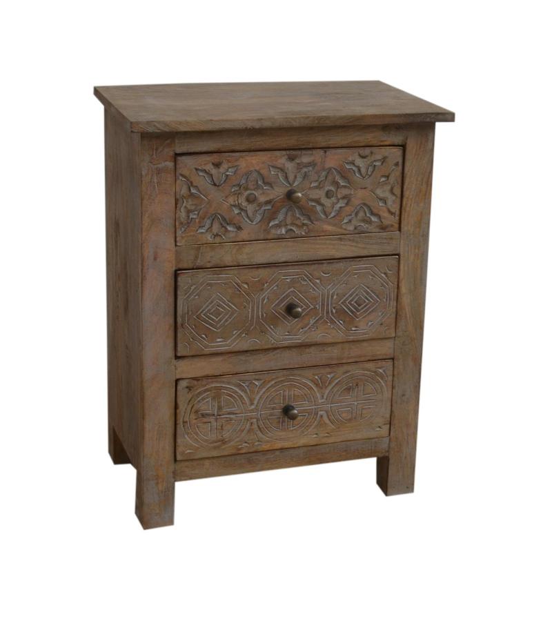 SOLID HAND CARVED WOOD NIGHTSTAND / END TABLE 3 DRAWERS