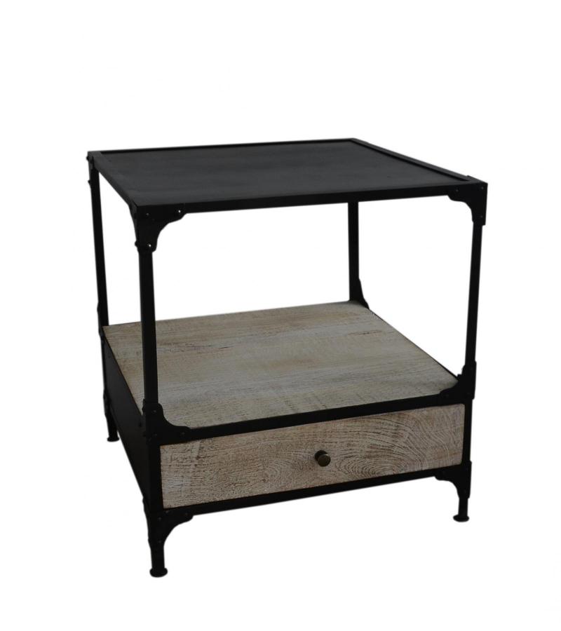 SOLID WOOD & IRON 1 DRAWER END TABLE NIGHTSTAND