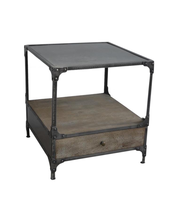 SOLID WOOD & IRON 1 DRAWER END TABLE NIGHTSTAND