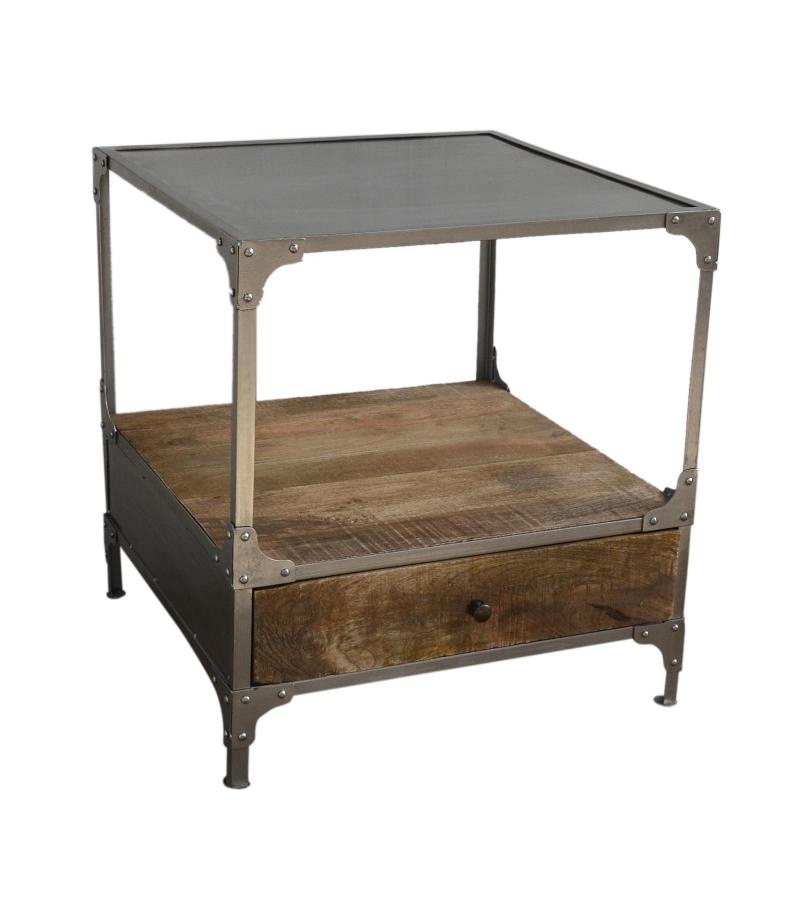 SOLID WOOD & IRON 1 DRAWER END TABLE NIGHTSTAND