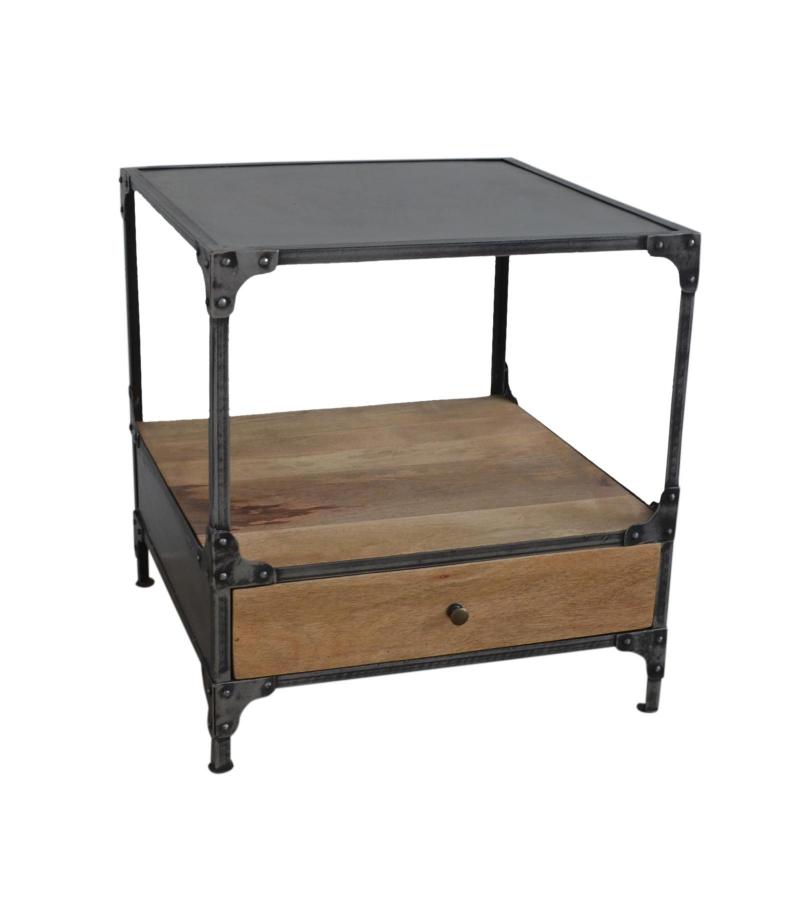 SOLID WOOD & IRON 1 DRAWER END TABLE NIGHTSTAND
