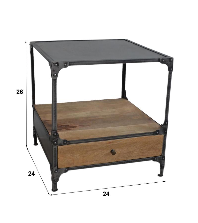SOLID WOOD & IRON 1 DRAWER END TABLE NIGHTSTAND