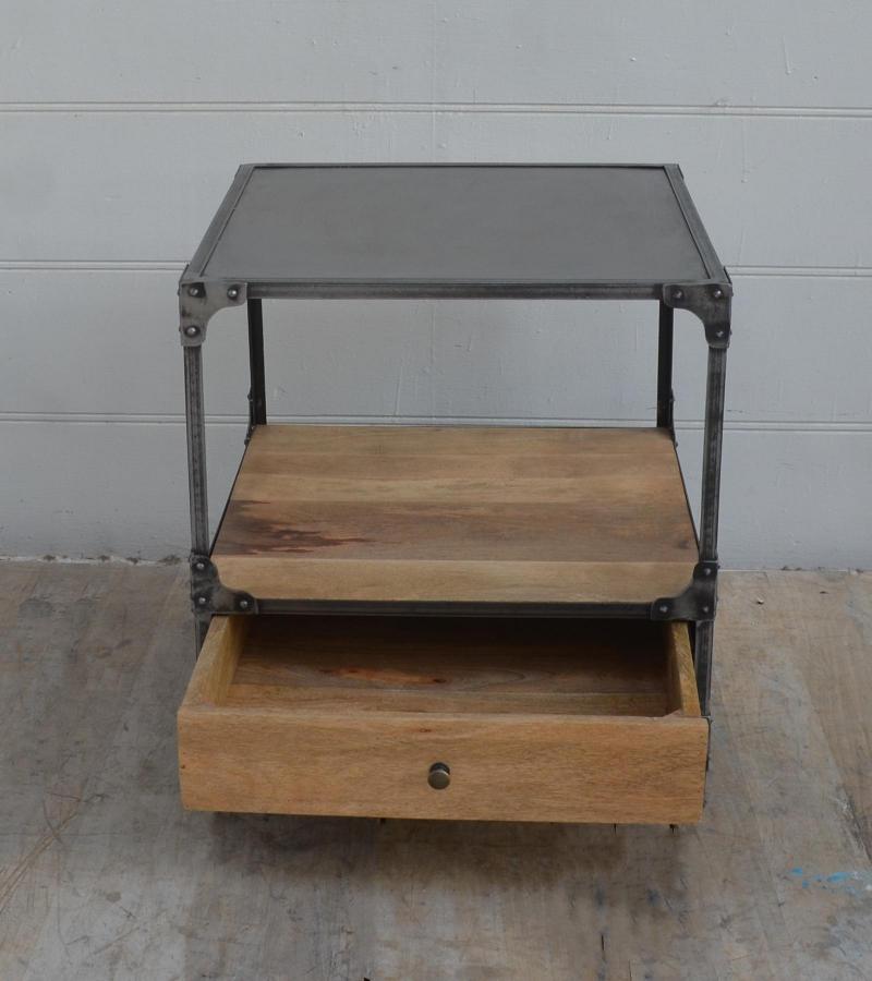SOLID WOOD & IRON 1 DRAWER END TABLE NIGHTSTAND
