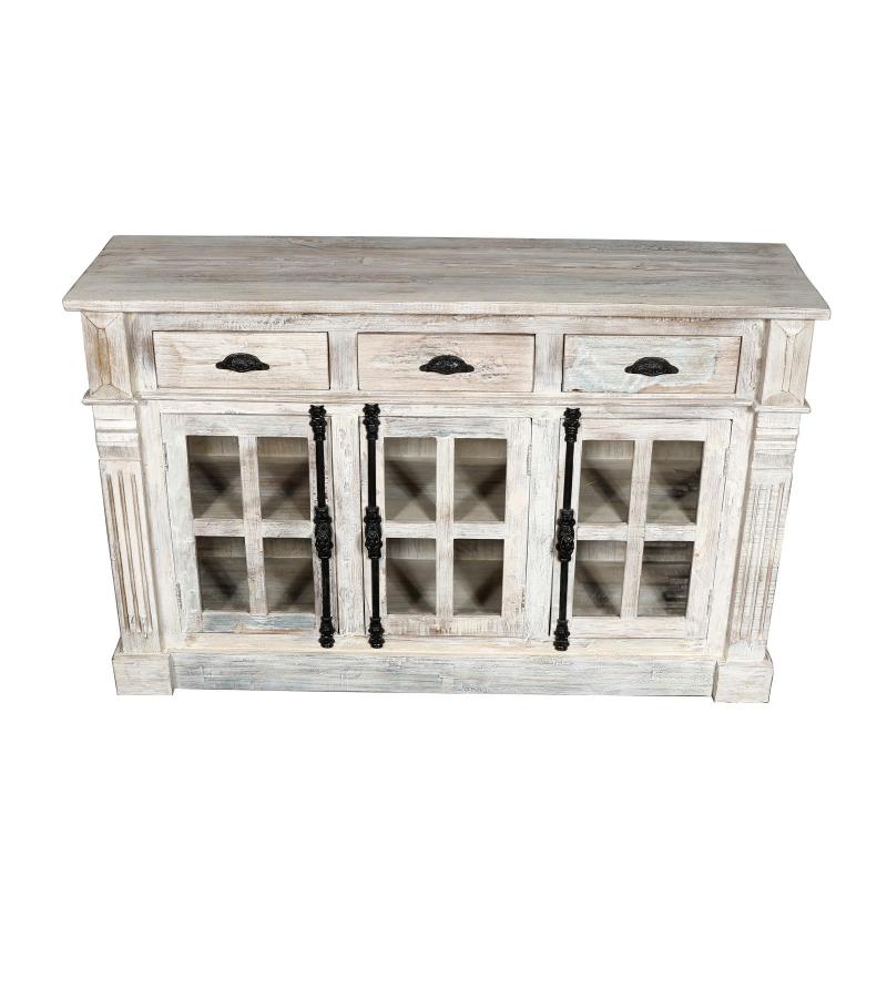 SOLID RECLAIMED TEAK WOOD, GLASS & METAL  SIDEBOARD 3 DRAWERS 3 DOORS
