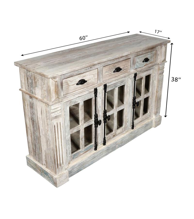 SOLID RECLAIMED TEAK WOOD, GLASS & METAL  SIDEBOARD 3 DRAWERS 3 DOORS
