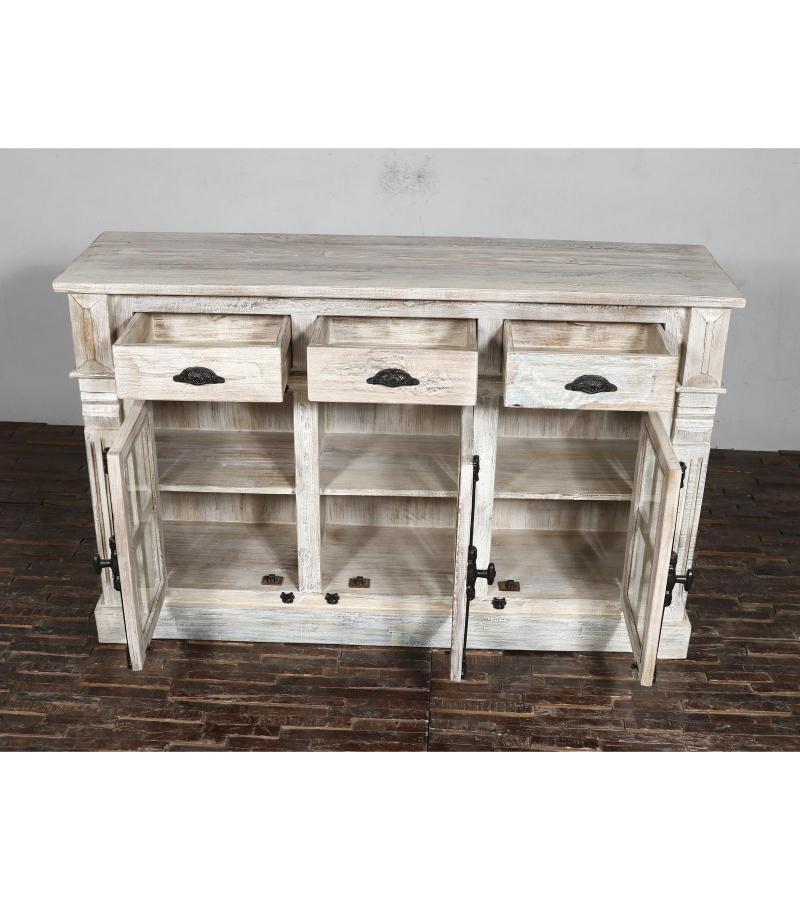 SOLID RECLAIMED TEAK WOOD, GLASS & METAL  SIDEBOARD 3 DRAWERS 3 DOORS