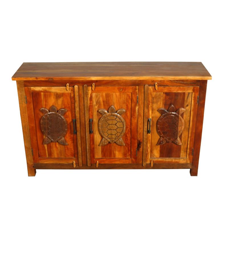 SOLID RECLAIMED TEAK WOOD CABINET SIDEBOARD W/ 3 DOORS & HAND CARVED TURTLES
