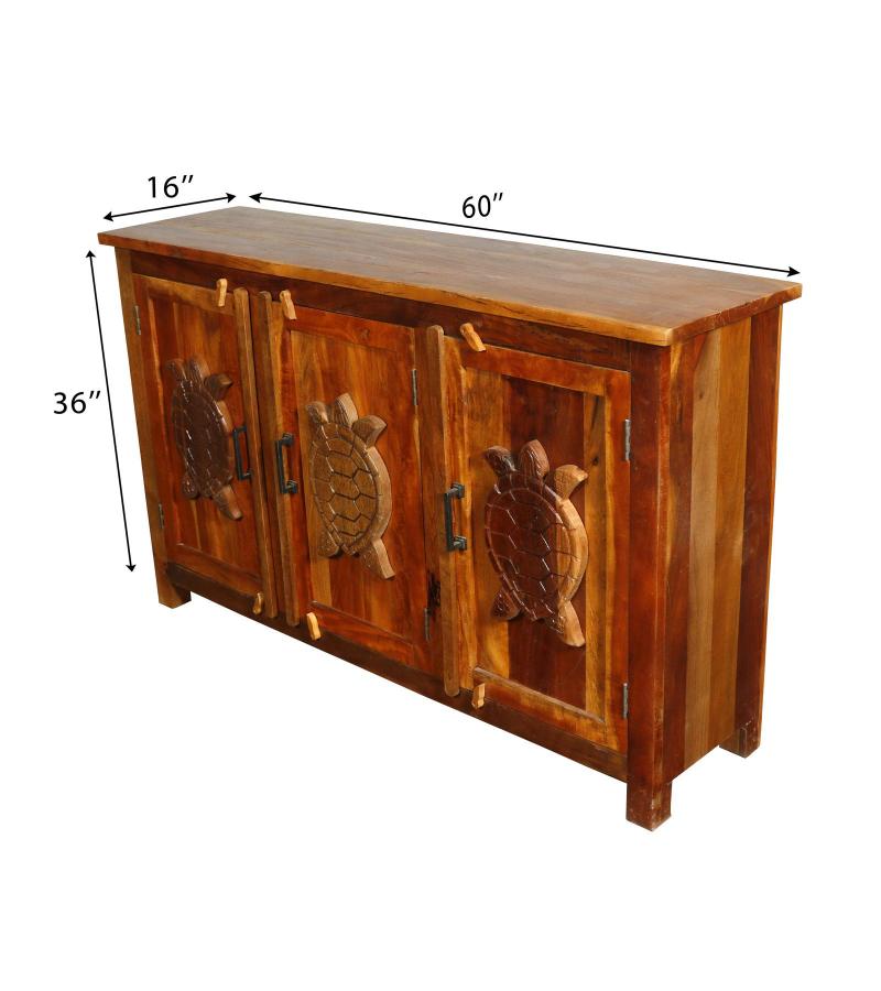 SOLID RECLAIMED TEAK WOOD CABINET SIDEBOARD W/ 3 DOORS & HAND CARVED TURTLES