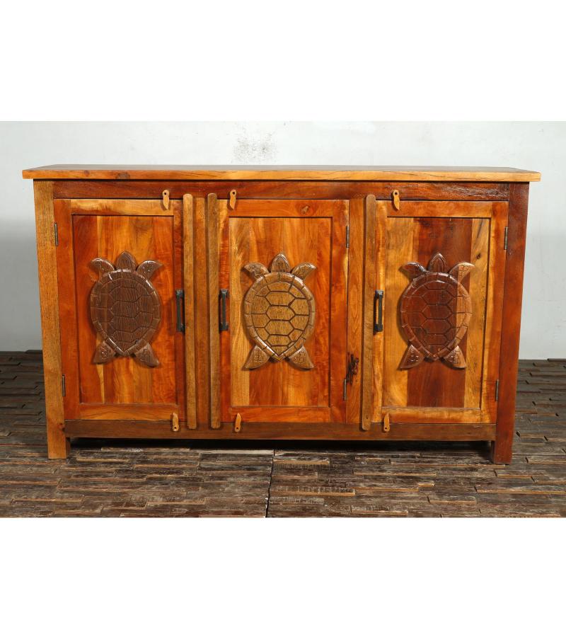 SOLID RECLAIMED TEAK WOOD CABINET SIDEBOARD W/ 3 DOORS & HAND CARVED TURTLES