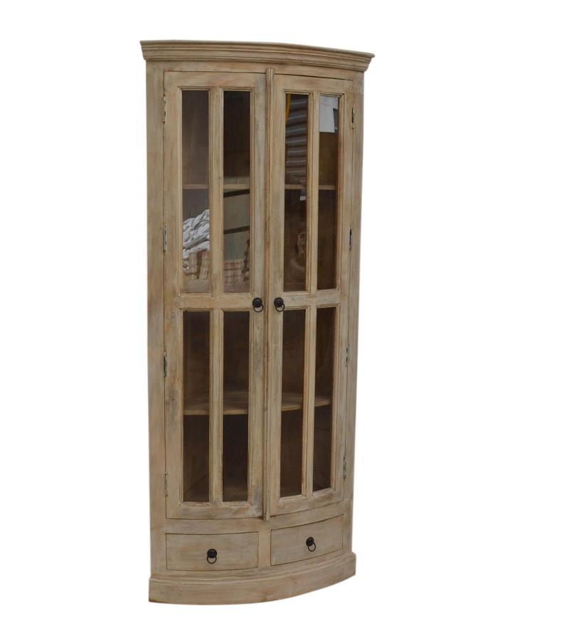 SOLID WOOD & GLASS CORNER CABINET W/ 2 DRAWERS