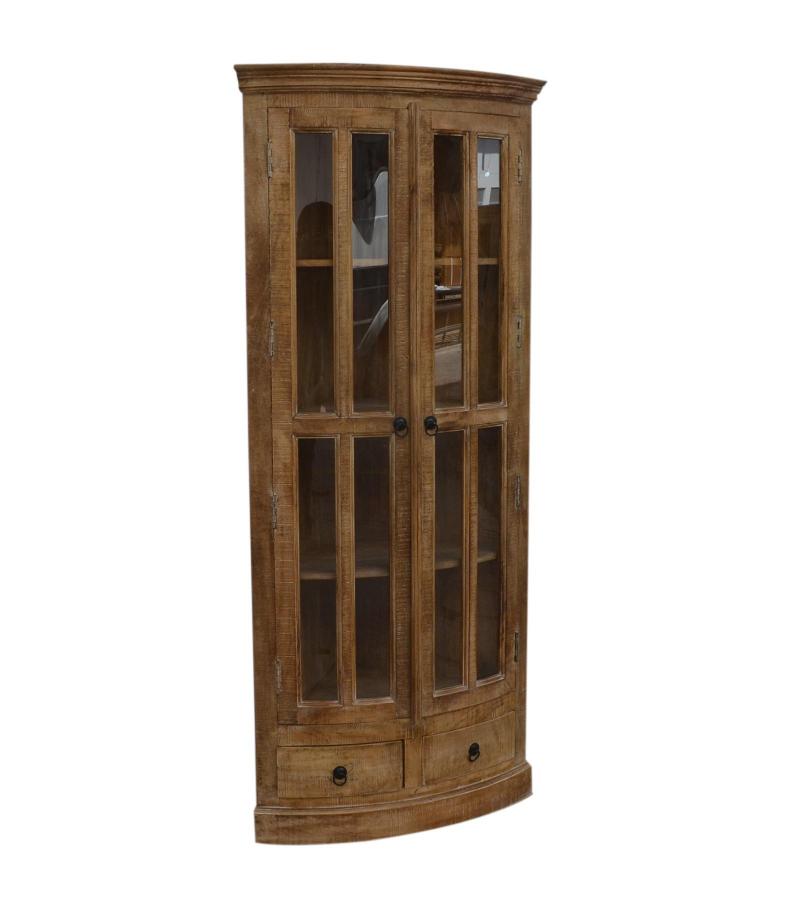 SOLID WOOD & GLASS CORNER CABINET W/ 2 DRAWERS