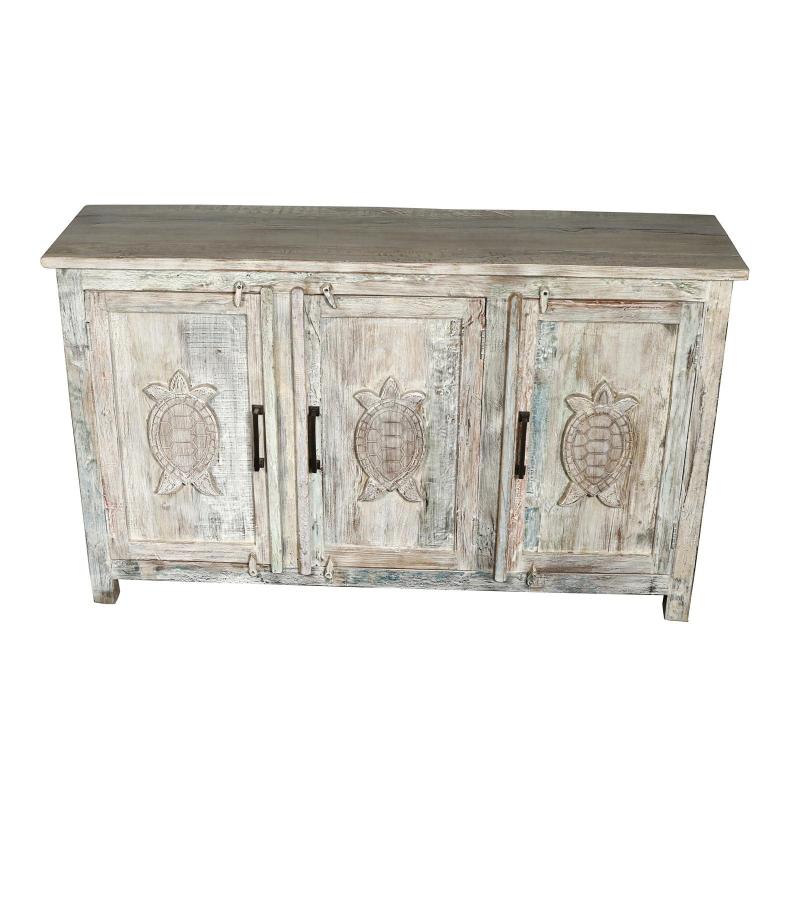 SOLID RECLAIMED TEAK WOOD SIDEBOARD CABINET W/ CARVED TURTLES