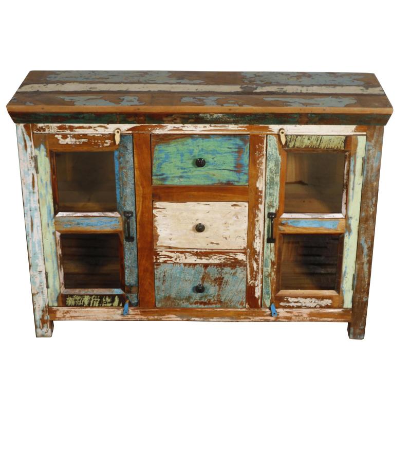 SOLID RECLAIMED TEAK WOOD & GLASS 3 DRAWER & 2 DOOR CABINET