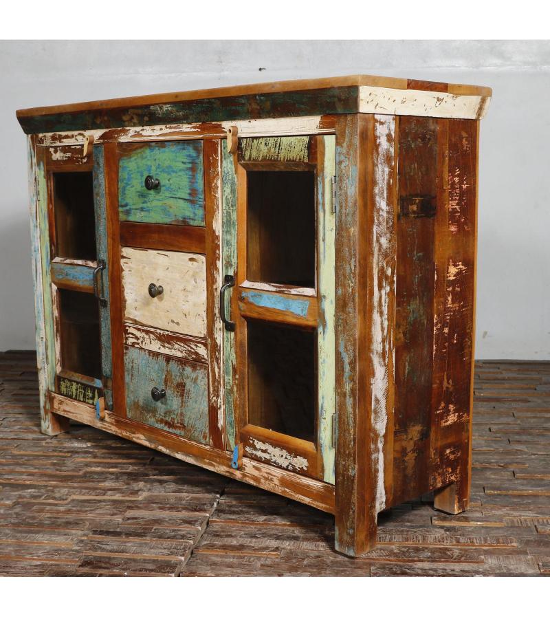 SOLID RECLAIMED TEAK WOOD & GLASS 3 DRAWER & 2 DOOR CABINET