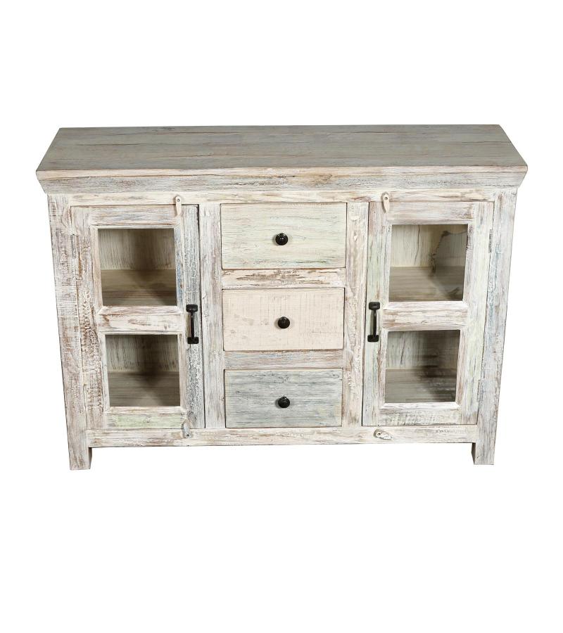WOODEN 3 DRW GLASS SIDEBOARD