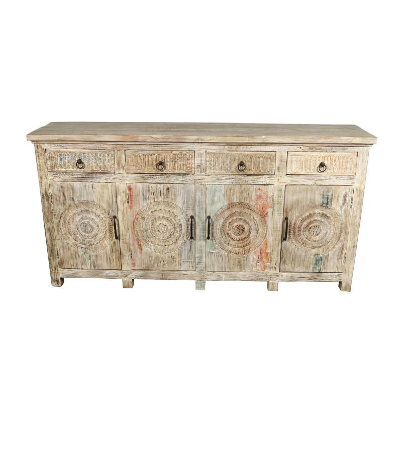 SOLID RECLAIMED HAND CARVED TEAK WOOD SIDEBOARD CABINET W/ 4 DRAWERS & 4 DOORSBOARD CABINET W/ 4 DRAWERS & 4 DOORS