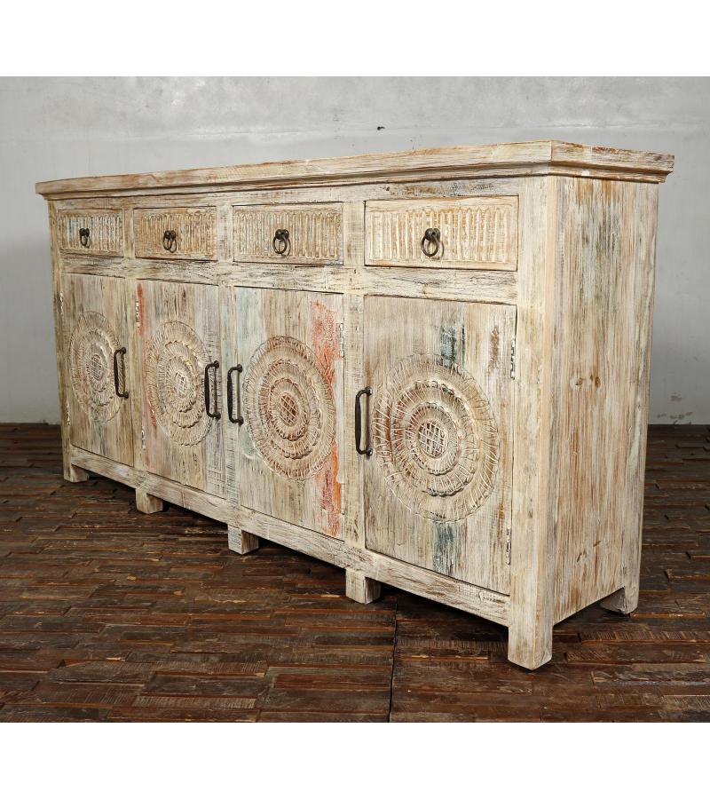SOLID RECLAIMED HAND CARVED TEAK WOOD SIDEBOARD CABINET W/ 4 DRAWERS & 4 DOORSBOARD CABINET W/ 4 DRAWERS & 4 DOORS