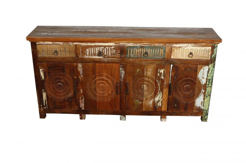 SOLID RECLAIMED HAND CARVED TEAK WOOD SIDEBOARD CABINET W/ 4 DRAWERS & 4 DOORS