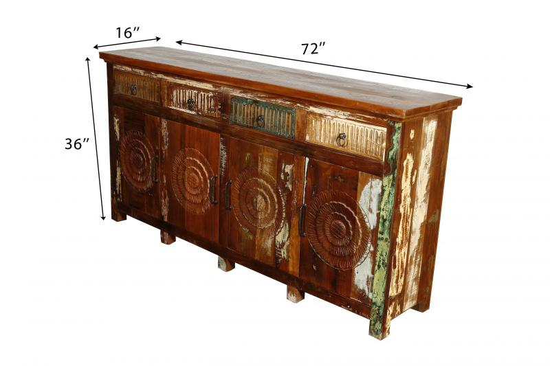 SOLID RECLAIMED HAND CARVED TEAK WOOD SIDEBOARD CABINET W/ 4 DRAWERS & 4 DOORS