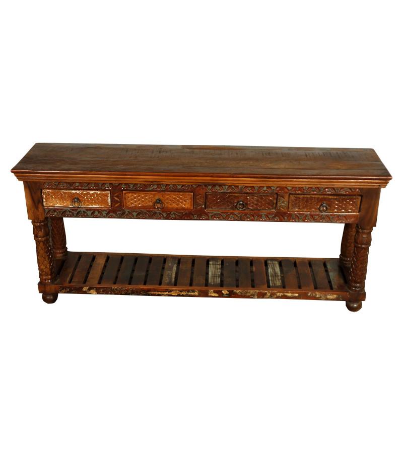 SOLID RECLAIMED HAND CARVED TEAK WOOD CONSOLE SIDEBOARD W/ 4 DRAWERS