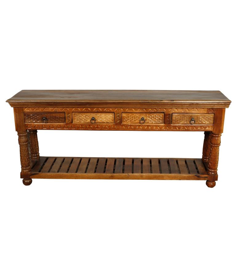 SOLID RECLAIMED HAND CARVED TEAK WOOD CONSOLE SIDEBOARD W/ 4 DRAWERS