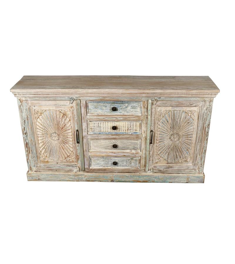 HAND CARVED SOLID RECLAIMED TEAK WOOD SIDEBOARD W/ 4 DRAWERS & 2 DOORS 
