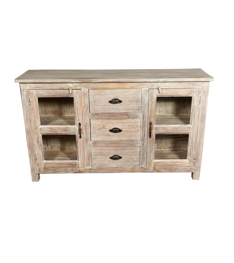 SOLID RECLAIMED TEAK WOOD & GLASS W/ 2 DOORS & 3 DRAWERS