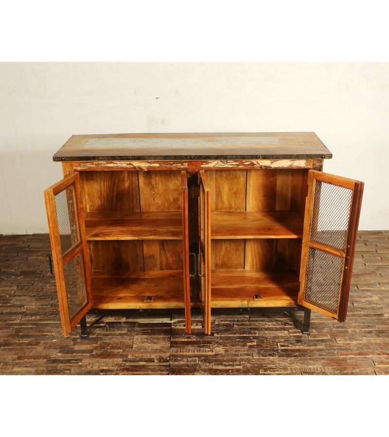 SOLID RECLAIMED TEAK WOOD & GLASS SIDEBOARD & CABINET