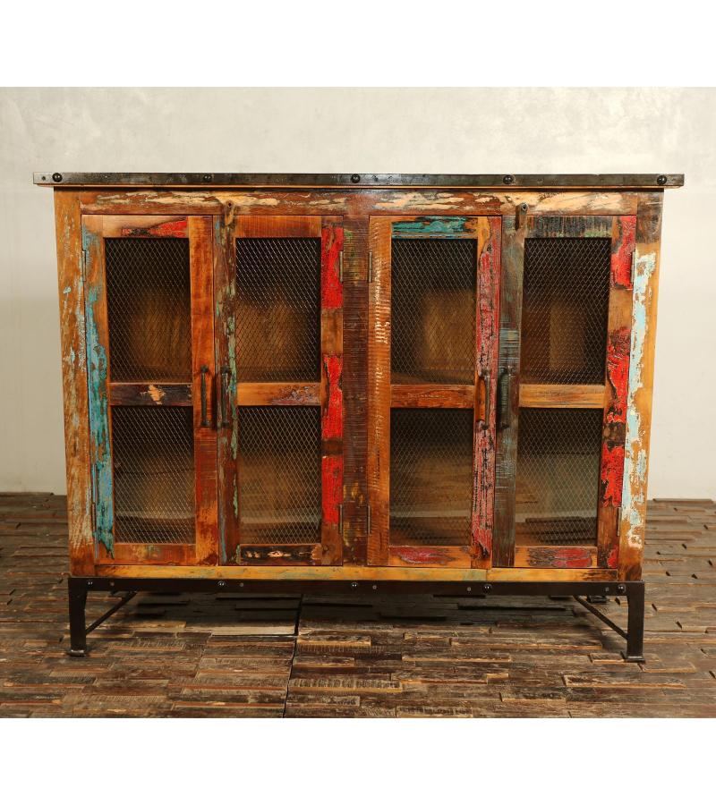 SOLID RECLAIMED TEAK WOOD & GLASS SIDEBOARD & CABINET