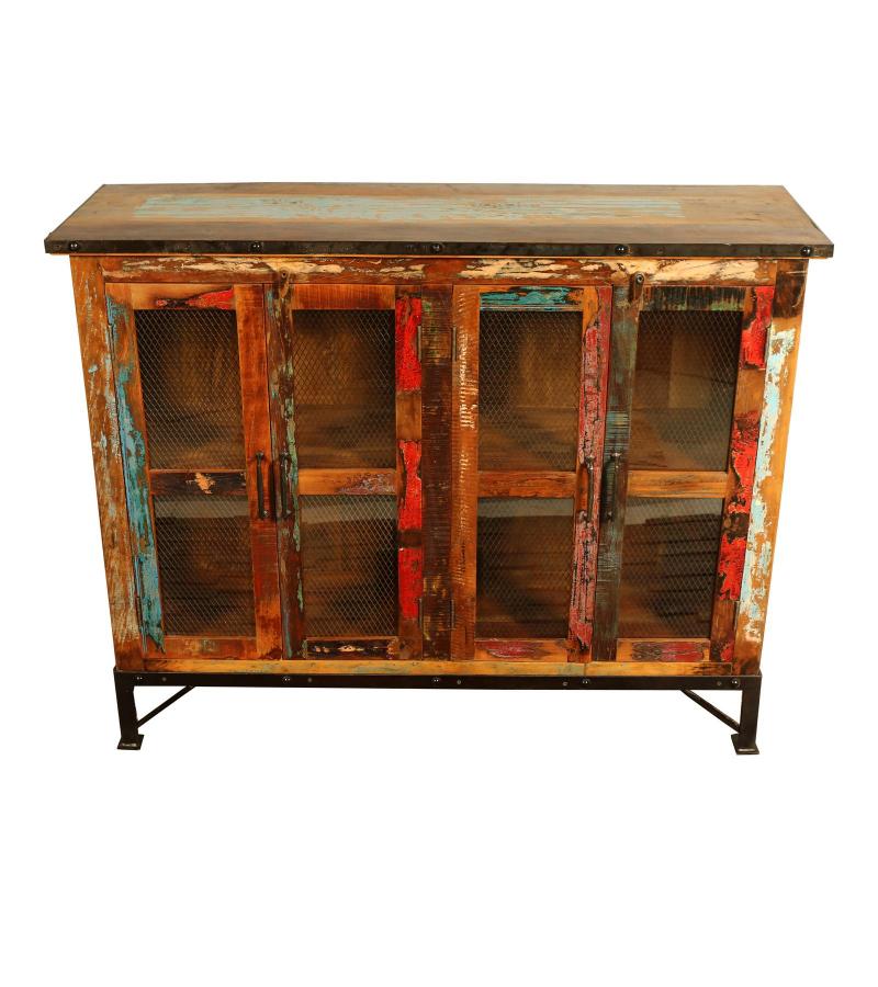 SOLID RECLAIMED TEAK WOOD & GLASS SIDEBOARD & CABINET