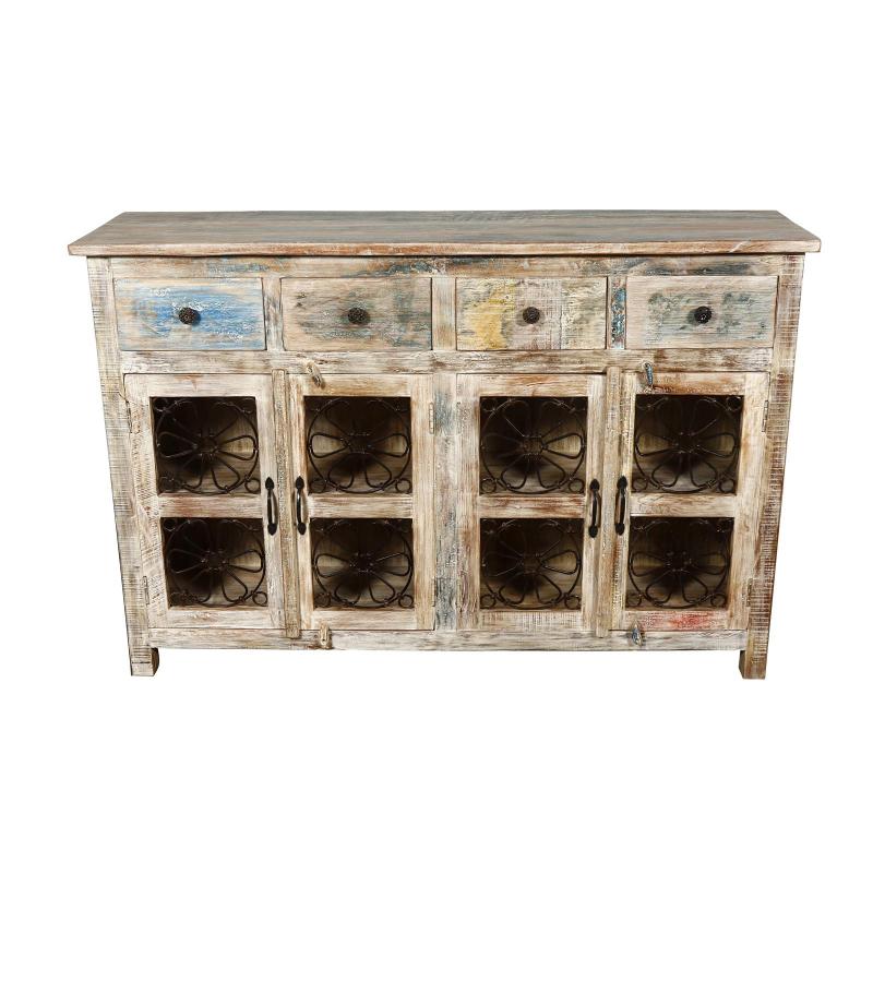 SOLID RECLAIMED TEAK WOOD SIDEBOARD W/ DECORATIVE IRON 4 DRAWERS & 4 DOORS