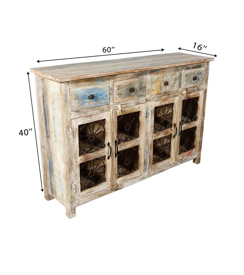 SOLID RECLAIMED TEAK WOOD SIDEBOARD W/ DECORATIVE IRON 4 DRAWERS & 4 DOORS
