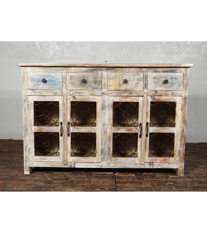 SOLID RECLAIMED TEAK WOOD SIDEBOARD W/ DECORATIVE IRON 4 DRAWERS & 4 DOORS