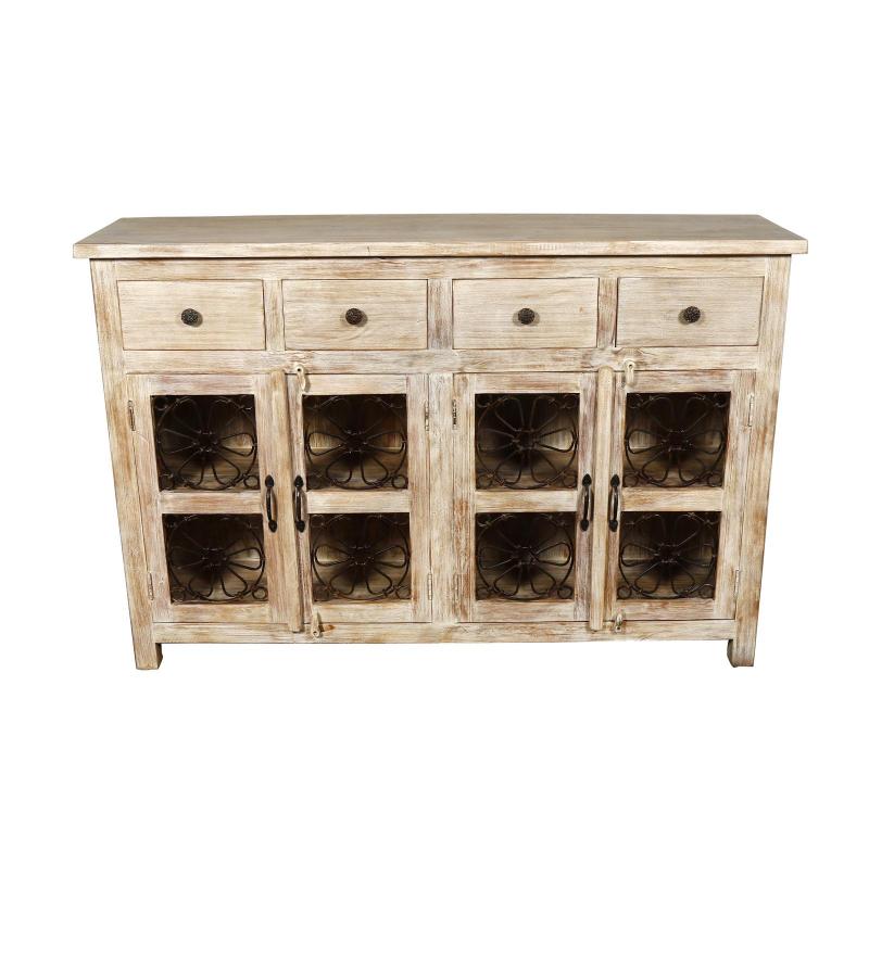 SOLID RECLAIMED TEAK WOOD SIDEBOARD W/ DECORATIVE IRON 4 DRAWERS & 4 DOORS