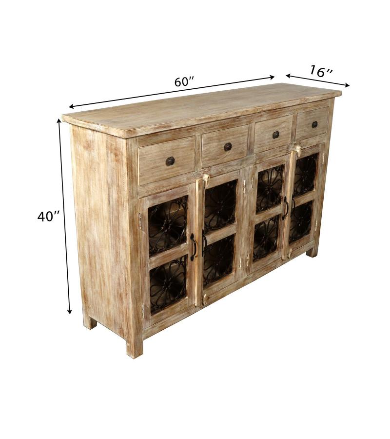 SOLID RECLAIMED TEAK WOOD SIDEBOARD W/ DECORATIVE IRON 4 DRAWERS & 4 DOORS