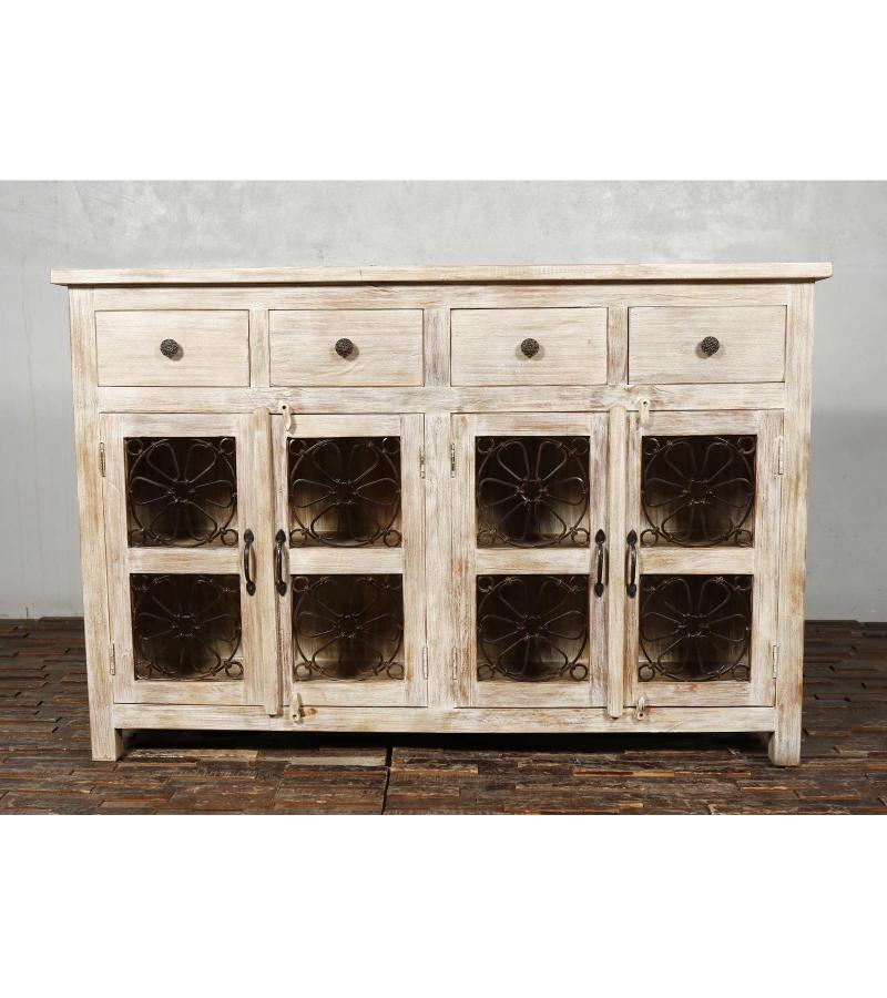SOLID RECLAIMED TEAK WOOD SIDEBOARD W/ DECORATIVE IRON 4 DRAWERS & 4 DOORS