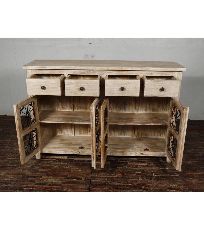 SOLID RECLAIMED TEAK WOOD SIDEBOARD W/ DECORATIVE IRON 4 DRAWERS & 4 DOORS