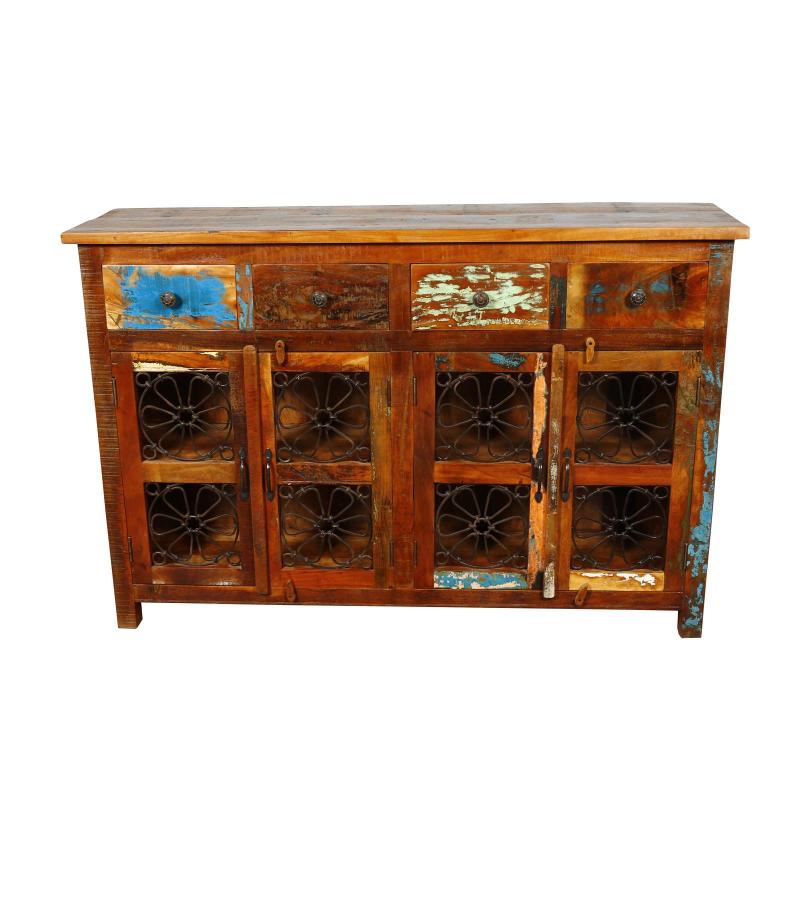 SOLID RECLAIMED TEAK WOOD SIDEBOARD W/ DECORATIVE IRON 4 DRAWERS & 4 DOORS