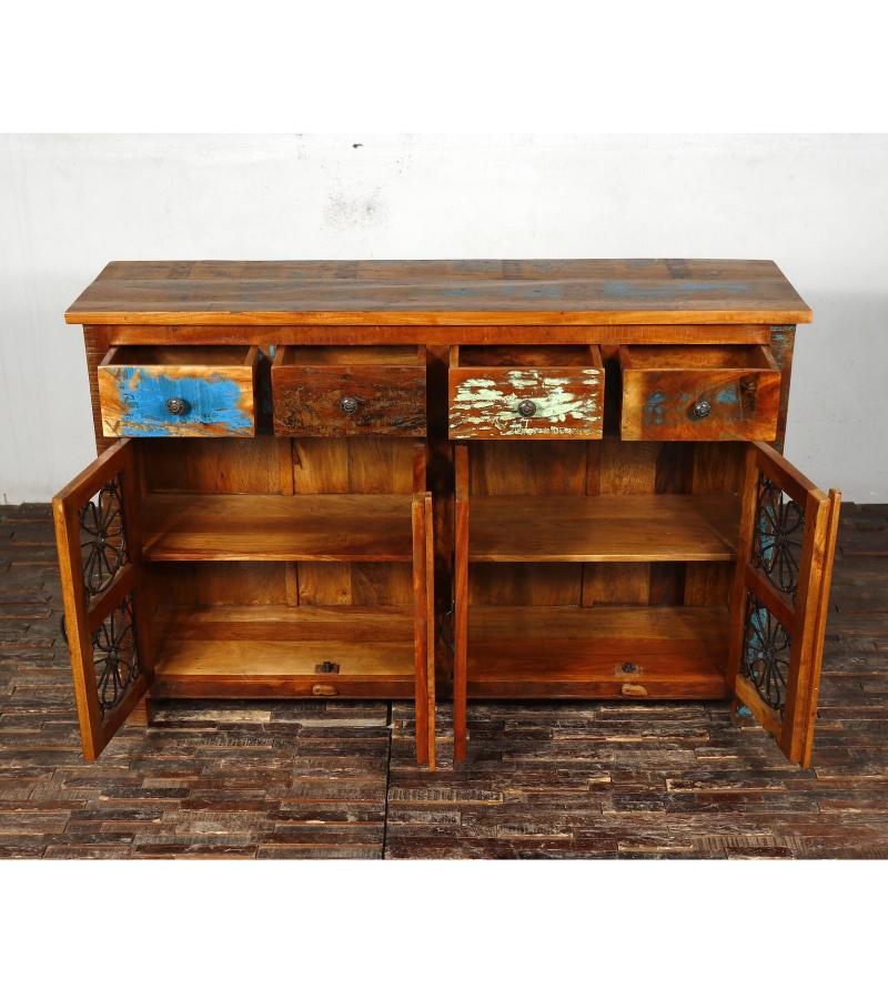 SOLID RECLAIMED TEAK WOOD SIDEBOARD W/ DECORATIVE IRON 4 DRAWERS & 4 DOORS