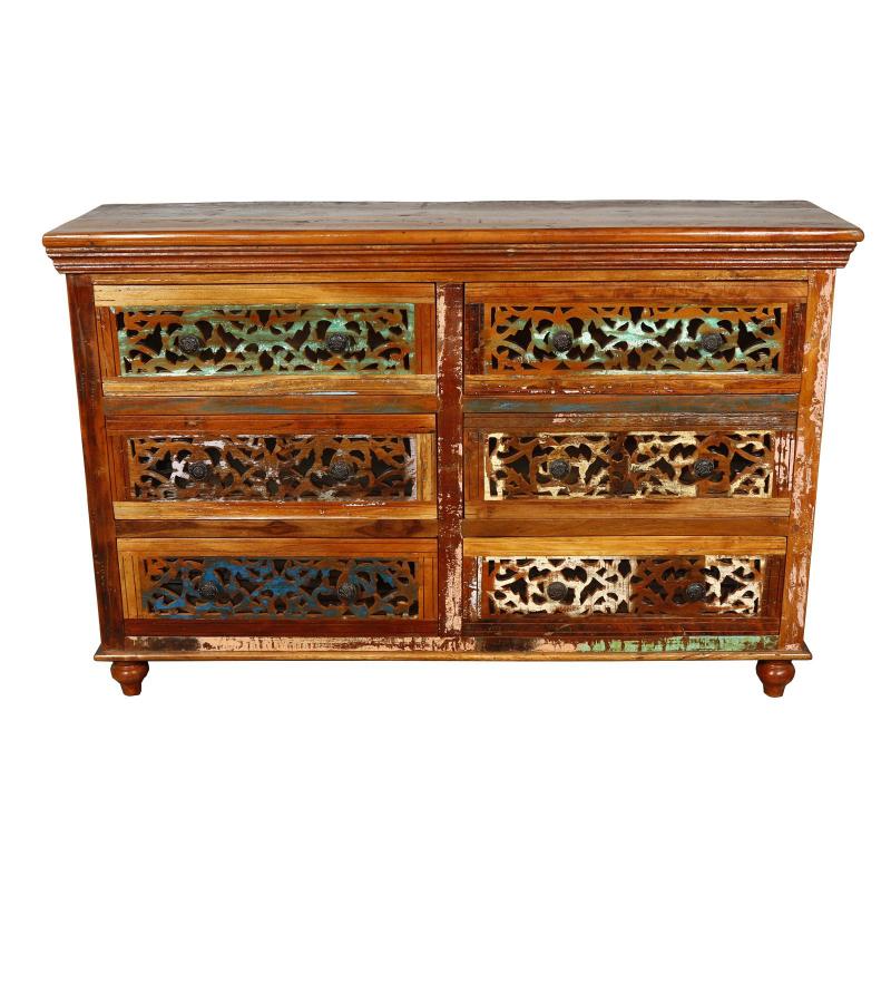 HAND CARVED SOLID RECLAIMED TEAK WOOD 6 DRAWER DRESSER CHEST BUREAU SIDEBOARD