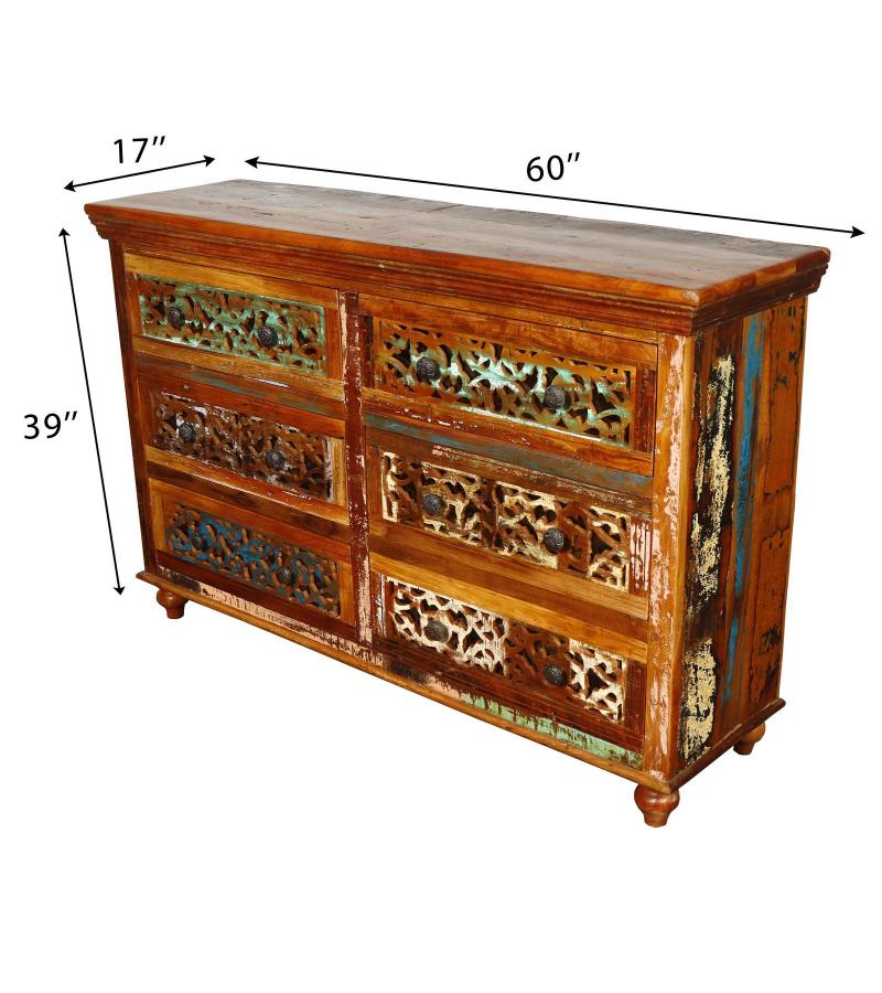 HAND CARVED SOLID RECLAIMED TEAK WOOD 6 DRAWER DRESSER CHEST BUREAU SIDEBOARD