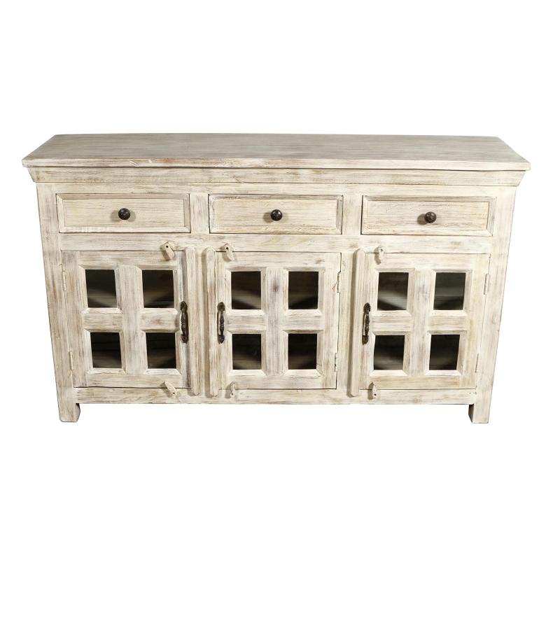 SOLID RECLAIMED TEAK WOOD & GLASS SIDEBOARD CABINET WITH 3 DOORS & 3 DRAWERS