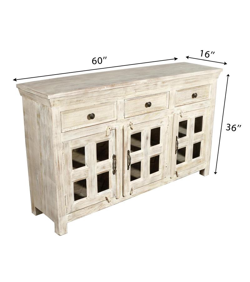 SOLID RECLAIMED TEAK WOOD & GLASS SIDEBOARD CABINET WITH 3 DOORS & 3 DRAWERS