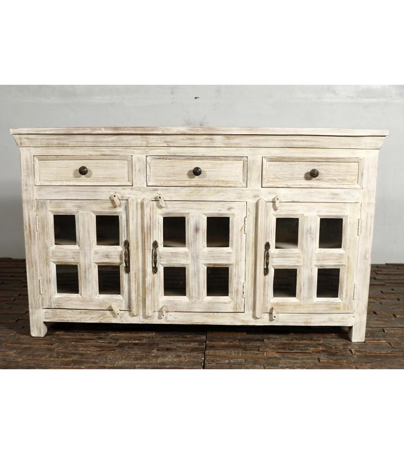 SOLID RECLAIMED TEAK WOOD & GLASS SIDEBOARD CABINET WITH 3 DOORS & 3 DRAWERS