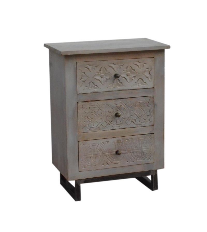 SOLID HAND CARVED WOOD 3 DRAWER NIGHTSTAND / END TABLE